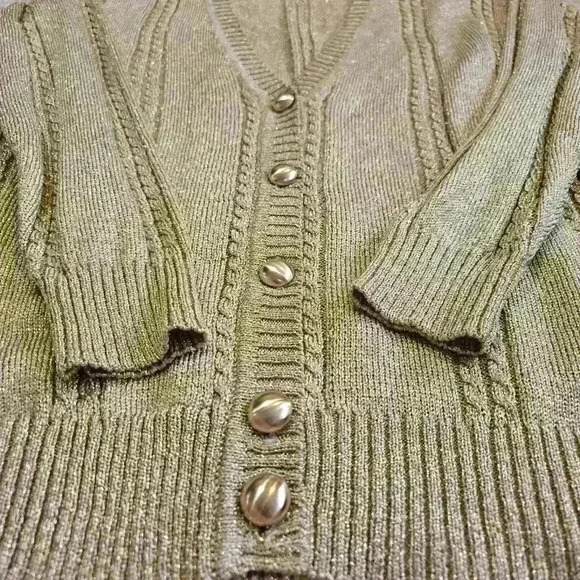 Vintage Pointelle Gold Cardigan Sweater Glitter Sweater Women Size M - Picture 6 of 9